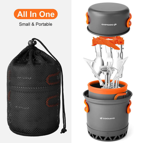 Backpacking Cooking Kit With 1300W Stove 0.6L And 0.8L Pots Canister Stabilizer Spoon Fork Knife 16oz Mug Mesh Carry Bag