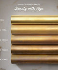 Unlacquered brass aging over four years, showing color change from shiny new to rich patina.