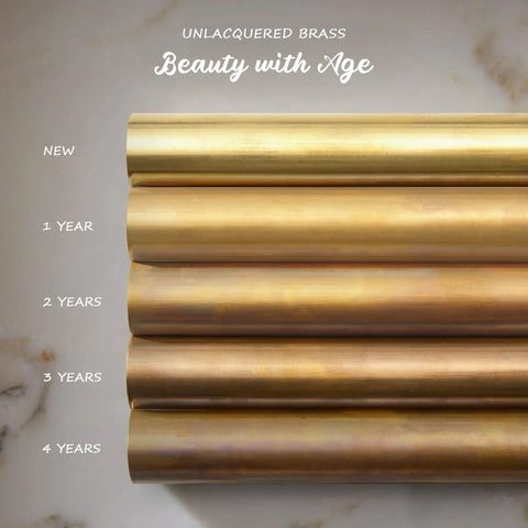 Unlacquered brass aging over four years, showing color change from shiny new to rich patina.