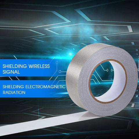 Single conductive fabric tape roll for shielding, size 2in x 65ft, shown against blue tech-themed background, EMI/RFI use