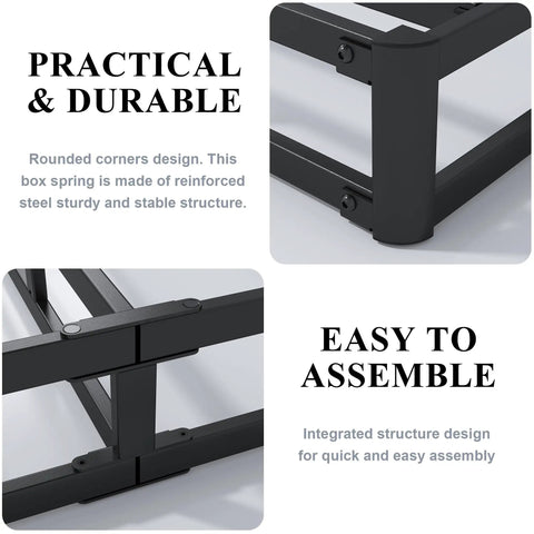 King Size Low Profile Box Spring Heavy Duty Metal Bed Base With Beefed Up Steel Frame And Easy Snap Together Setup For Ultimate Premium Sleep Quality, showing durable steel structure and assembly details.