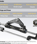 Hydraulic Outboard Steering Cylinder Model HC5345 3 with fittings and hose details for multi-engine boats up to 350 HP.