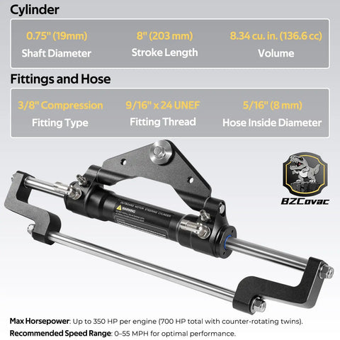 Hydraulic Outboard Steering Cylinder Model HC5345 3 with fittings and hose details for multi-engine boats up to 350 HP.