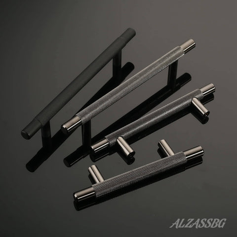 10 Pack Black Nickel Cabinet Pulls With 3 Inch Hole Centers T Bar Knurled Handles For Cabinets AL3015AS displayed on a black surface