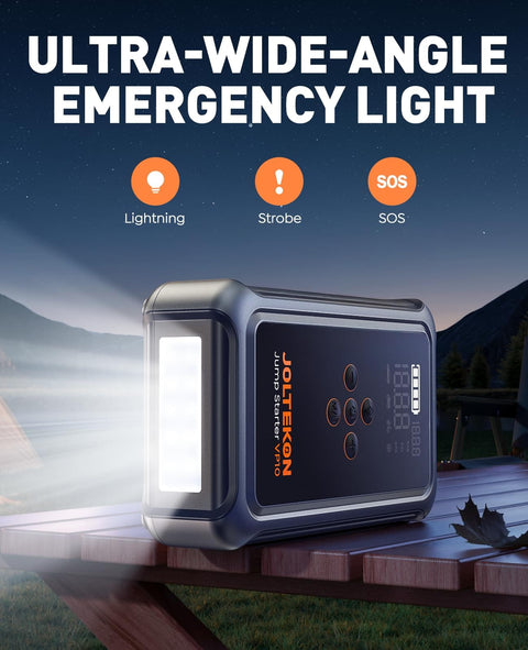 Image of Four In One Jump Starter With Air Compressor For Cars And SUVs on table with emergency light feature.