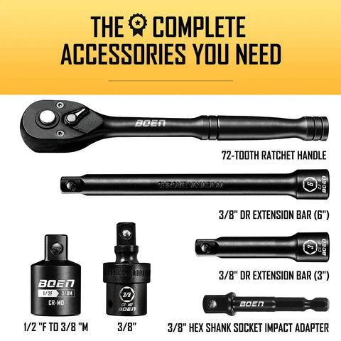 3/8 Inch Drive Impact Socket Set With 59-Piece SAE And Metric Sockets accessories including ratchet handle and adapter