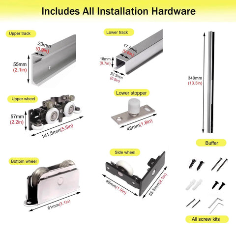 Smooth Trackless Ghost Sliding Door Hardware Kit Soft Close Pocket Door System components layout with measurements