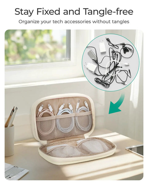 Open beige On The Go Electronics Organizer Travel Case with two-layer cord organizer and seven mesh pockets, tidy cables shown
