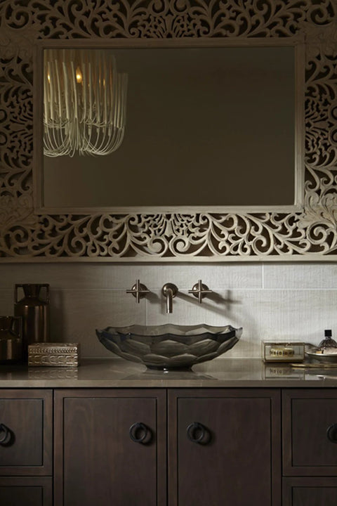 Kohler Jacquard Ring Pull In Black Finish Durable Metal Cabinet Drawer Pull K 99685 HF3 on elegant vanity with decorative mirror.