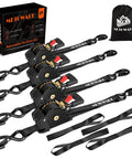 Heavy Duty Retractable Ratchet Straps 4 Pack One Inch By Ten Feet Black Cargo Tie Downs Self Retracting with padded hooks and case.