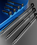 Heavy Duty Black Lag Screws Twenty Four Pack Size Twelve By Five Inch Structural Wood Screws with washer head on a blue background.