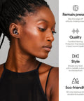 Concert Ear Plugs With High Fidelity Hearing Protection And 18dB Noise Reduction, worn by person, highlighting features