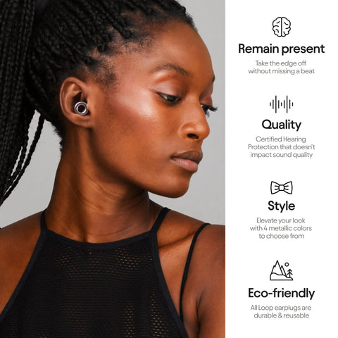 Concert Ear Plugs With High Fidelity Hearing Protection And 18dB Noise Reduction, worn by person, highlighting features