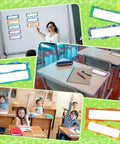 Neon Magnetic Name Labels Set 50 Pcs 6 By 2 Inches Reusable Magnetic Dry Erase Tags for classrooms on whiteboards and desks.