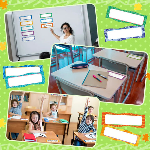 Neon Magnetic Name Labels Set 50 Pcs 6 By 2 Inches Reusable Magnetic Dry Erase Tags for classrooms on whiteboards and desks.