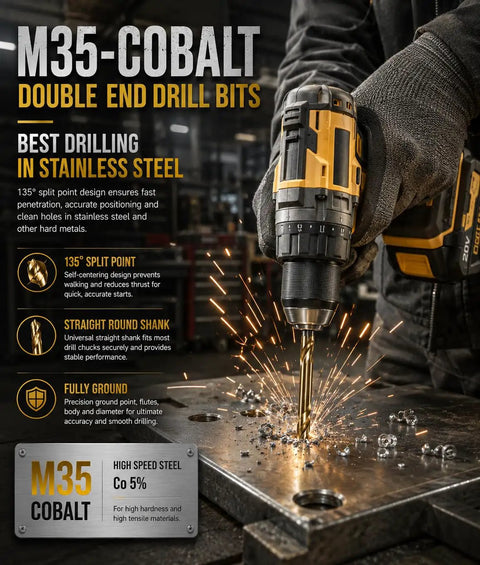 Beefy Double End Cobalt Drill Bit Set One Eighth Inch Stubby Body For Steel Metal Iron Ten Pack Dual Cutting Points Delivers Long Life And Fast, Clean Holes In Hard Materials