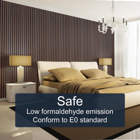 Premium Acoustic Wood Slat Wall Panels with Sound Absorbing Properties for Noise Reduction Rustic Walnut Wood Slat Panels for Interior Wall Decor in a cozy bedroom setting.