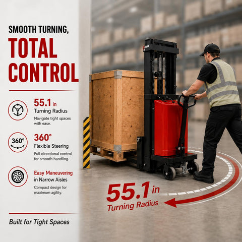 Heavy Duty Semi Electric Pallet Stacker With 3300 Lbs Capacity And 98.4 Inch Lift Plus Tight Squeeze Design showing 55.1 in turning radius in action.