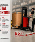 Tough As Nails Industrial Grade 3500 Lbs Electric Pallet Stacker Lift with 55.1 inch turning radius for tight spaces.
