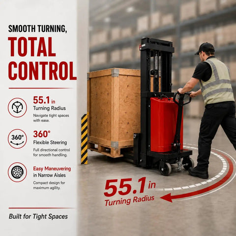 Heavy Duty Semi Electric Stacker with 55.1 in turning radius, navigating tight spaces while moving a wooden crate.
