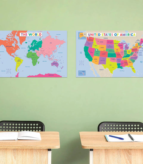 12 Piece Classroom Poster Set With 11 By 17 Maps And Math Charts Including Addition Place Value Subtraction Division And Multiplication Plus Science Wall Art For Cross Curricular Decor And Teacher Supplies featuring world and USA maps on classroom wall.