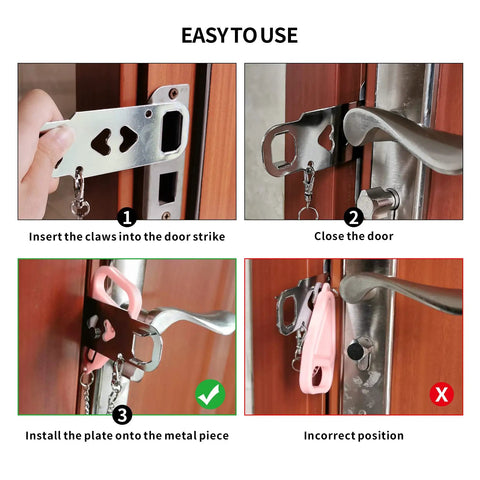Step-by-step installation of Premium Portable Door Lock 2 Pack Pink For Extra Privacy And Home Security At Home, Hotel Or On The Road