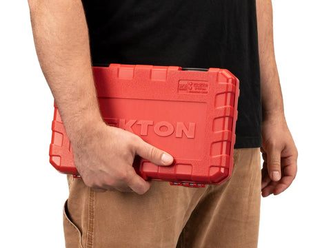 Person holding the Three Eighths Inch Drive Hex Bit Socket Set With Case Thirty Eight Piece Inch And Metric Sockets
