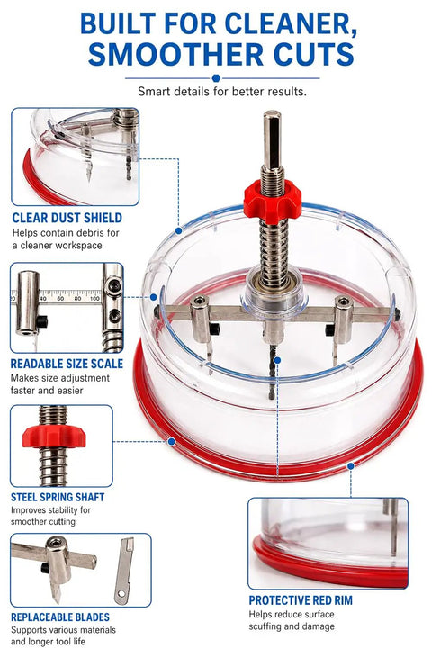 Heavy Duty Adjustable Hole Saw Cutter Kit Twin Blade Drywall Tool For Recessed Lights with clear dust shield and steel spring shaft.
