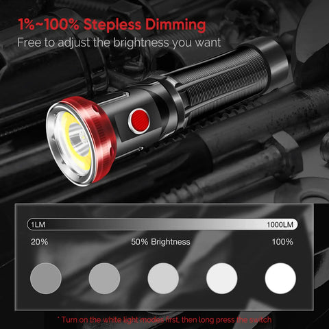 Two Pack Rechargeable LED Flashlight Set With 1000 Lumen Power And 1000 Feet Beam featuring stepless dimming display