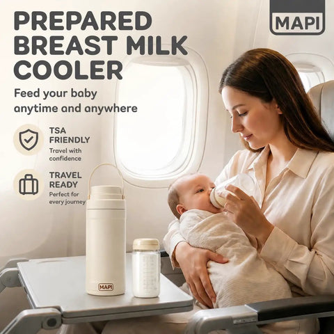 Chill Out With This Portable Breast Milk Cooler 22 Oz Includes Two Leakproof Nursing Bottles No Ice Cooling Tech Keeps Fresh For 24 Hrs Travel And Work Ready Mom Essential, mom feeding baby on plane.