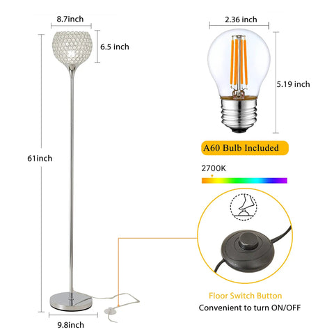Lit Silver Spherical Crystal Floor Lamp With Elegant Bead Shade Tall Chrome Pole Standing Light Modern LED Home Decor For Living Room Bedroom Or Office E26 Base LED Bulb Included diagram with dimensions and features.