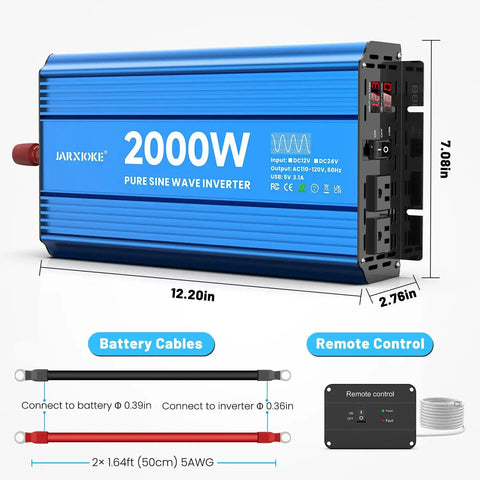 2000 Watt Pure Sine Wave Power Inverter For Home RV Off Grid Solar Systems With Dual AC Outlets USB Port LCD Display And Remote Control