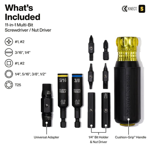 Impact Rated 11-in-1 Multi Bit Screwdriver And Nut Driver with interchangeable components displayed on white background.