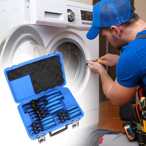 12 Piece Versatile Snap Ring Pliers Set in use beside a washing machine, featuring quick adjustment with locking knob.