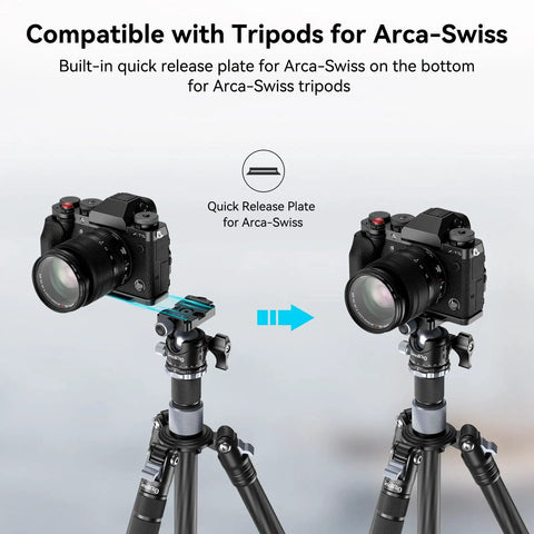 X T5 L Shape Grip With Built In Arca Quick Release Plate For Fujifilm X T5 Camera shown on tripod with Arca-Swiss compatibility