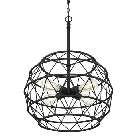 Sierra Dope Four Light Indoor Chandelier in matte black with cage design for dining room or kitchen island sloped ceiling ready