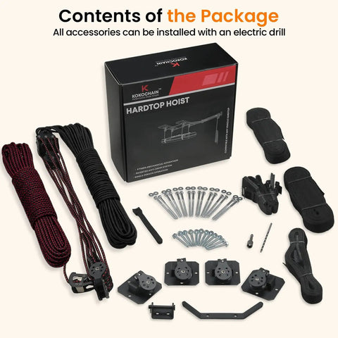 Garage Ceiling Storage Lift System components including ropes, pulleys, screws, and mounting brackets for installation.