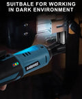 Cordless Electric Ratchet Wrench Kit With Forty Ft Lb Torque, Three Eighths Inch Drive used in dark environment