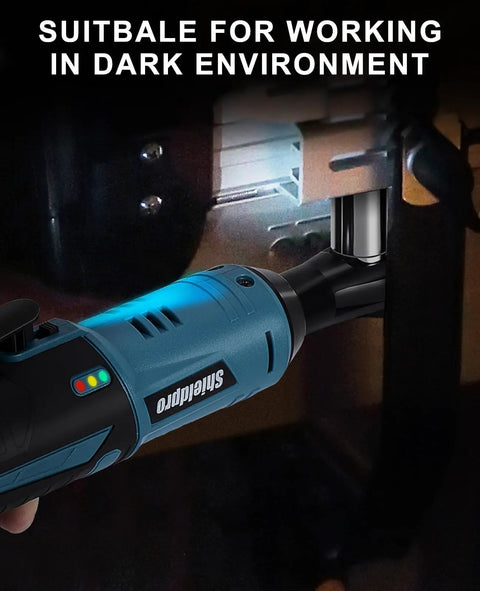 Cordless Electric Ratchet Wrench Kit With Forty Ft Lb Torque, Three Eighths Inch Drive used in dark environment