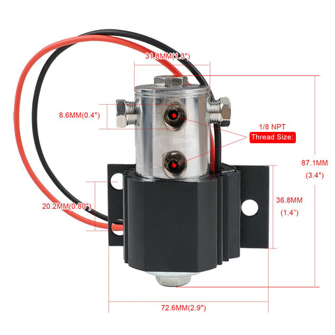 Universal Front Brake Line Lock Kit With Electric Solenoid Launch Control For Drag Racing And Hill Hold 12V 24V Compatible Handles Up To 1000 PSI Red Finish Easy Installation And Reliable Performance showing solenoid dimensions.