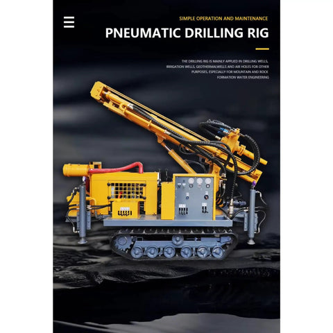 Side view of a yellow pneumatic drilling rig with hydraulic system designed for deep geothermal well drilling and HVAC projects.