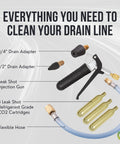 CO2 Powered AC Drain Line Cleaner Tool And Leak Sealer Injector With Reinforced Metal Construction showing parts and accessories