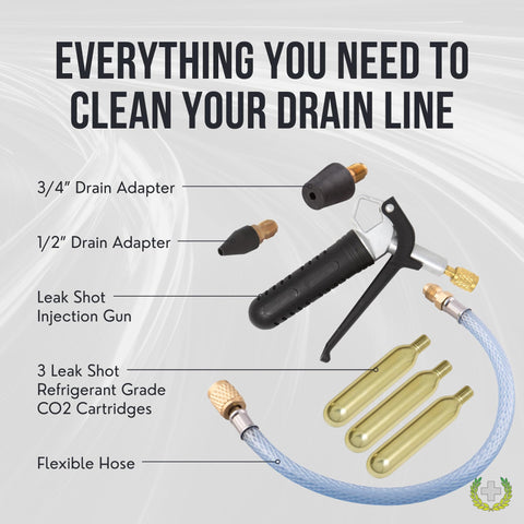 CO2 Powered AC Drain Line Cleaner Tool And Leak Sealer Injector With Reinforced Metal Construction showing parts and accessories