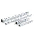 Chrome extension bars from 53 Piece Mechanic Tool Set With Quarter And Eighths Inch Drives, Metric And SAE Six Point Standard And Deep Sockets.