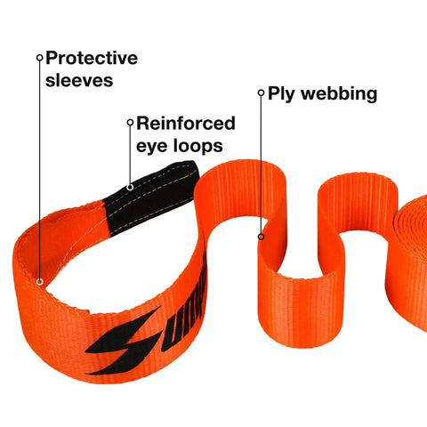 Heavy Duty Recovery Tow Strap 3 Inch By 20 Foot With 30,000 Lbs Break Strength, Weather Resistant Polyester, Triple Reinforced Loops, Tree Saver, Winch Extension, Emergency Towing Rope, Car Accessory showing protective sleeves and reinforced eye loops