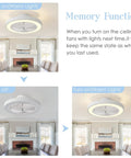 Low Profile Flush Mount Ceiling Fan With Lights Remote Control 6 Speeds Dimmable LED 3 Color Temperatures Iron Finish 18.9 Inch Bladeless Enclosed White Ceiling Fan For Bedroom And Kitchen showing memory function in warm light mode in dining room.