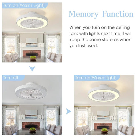 Low Profile Flush Mount Ceiling Fan With Lights Remote Control 6 Speeds Dimmable LED 3 Color Temperatures Iron Finish 18.9 Inch Bladeless Enclosed White Ceiling Fan For Bedroom And Kitchen showing memory function in warm light mode in dining room.