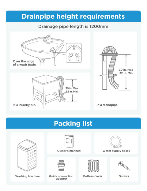 Drainpipe height requirements for Top Shelf Portable Washer For Tiny Apartments And Studios White, showing various connections.