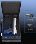 Portable Fingerprint Gun Safe For Handgun With Three Quick Access Methods Including Fingerprint Digital PIN And Physical Key No Hassle Carry Handle Design For Easy Transport At Bedside Cabinets Wardrobes And Car Safes displaying open view with handgun storage