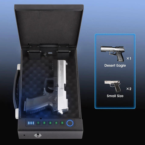 Portable Fingerprint Gun Safe For Handgun With Three Quick Access Methods Including Fingerprint Digital PIN And Physical Key No Hassle Carry Handle Design For Easy Transport At Bedside Cabinets Wardrobes And Car Safes displaying open view with handgun storage